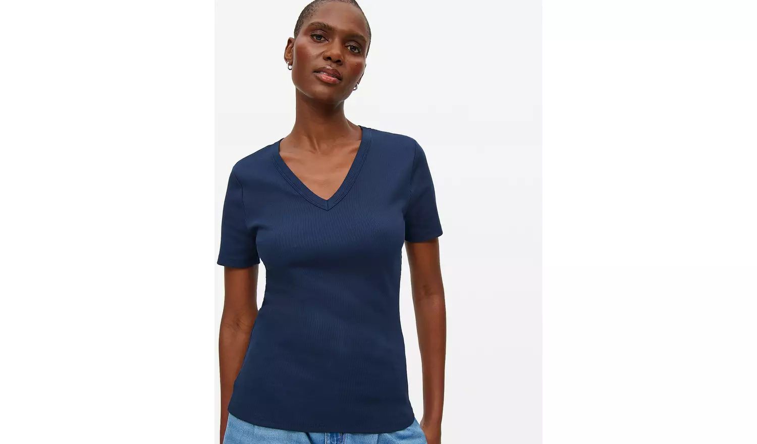 Navy Ribbed V Neck Short Sleeve T-Shirt 24