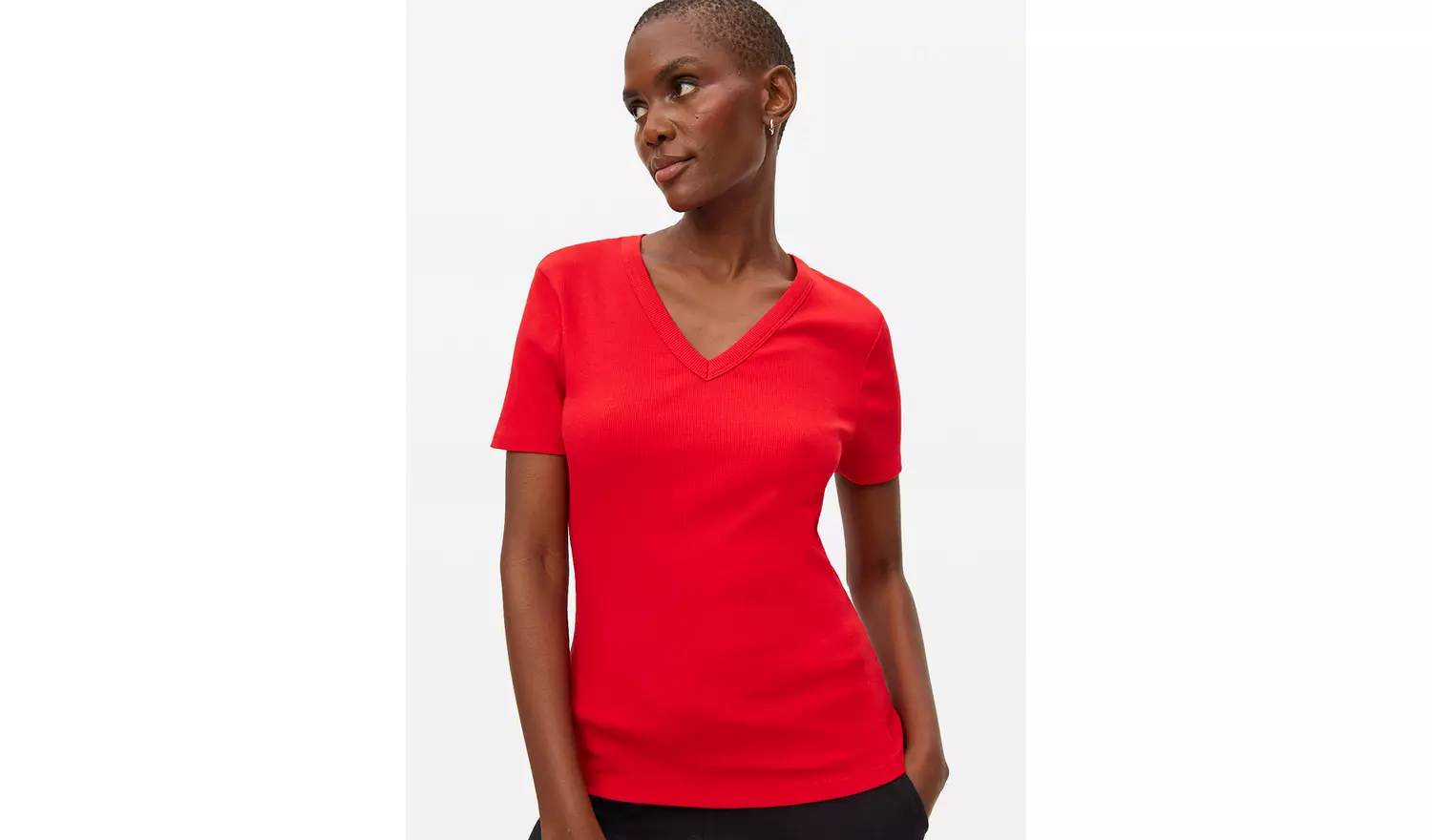 Red Ribbed V Neck Short Sleeve T-Shirt 8