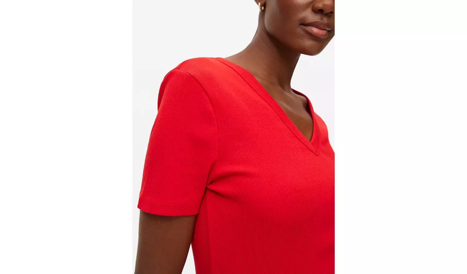 Red Ribbed V Neck Short Sleeve T-Shirt 10