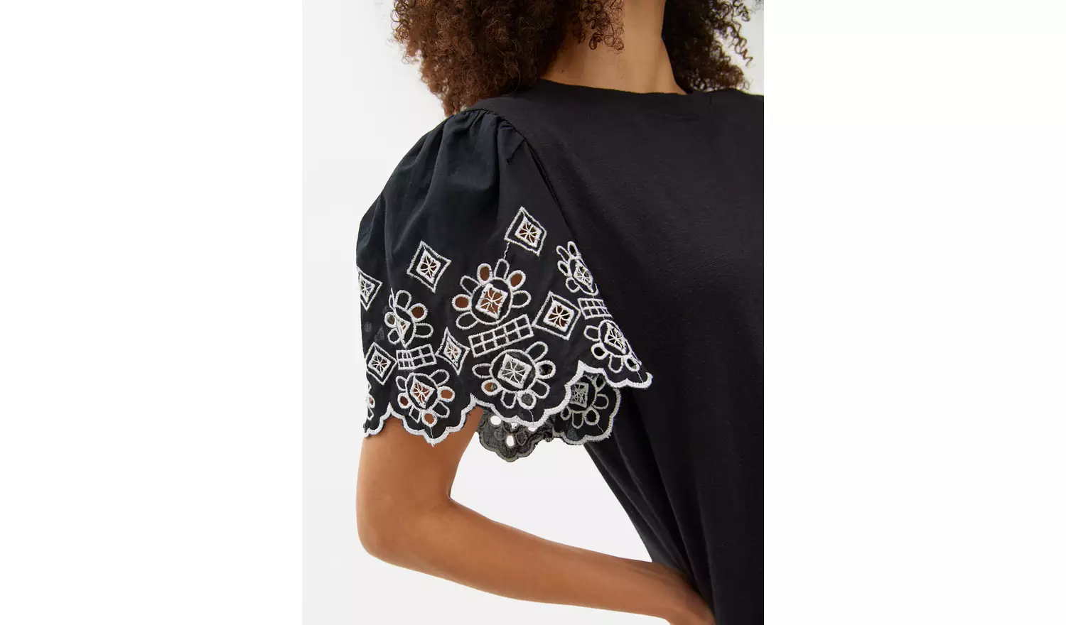 Black Broderie Contrast Sleeve T-Shirt 24