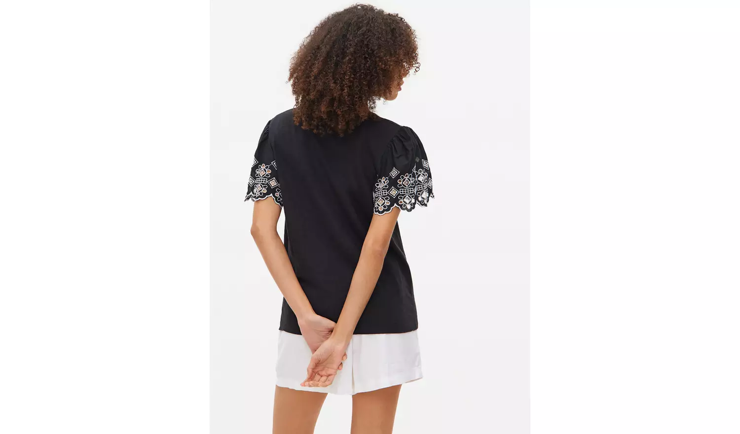 Black Broderie Contrast Sleeve T-Shirt 24
