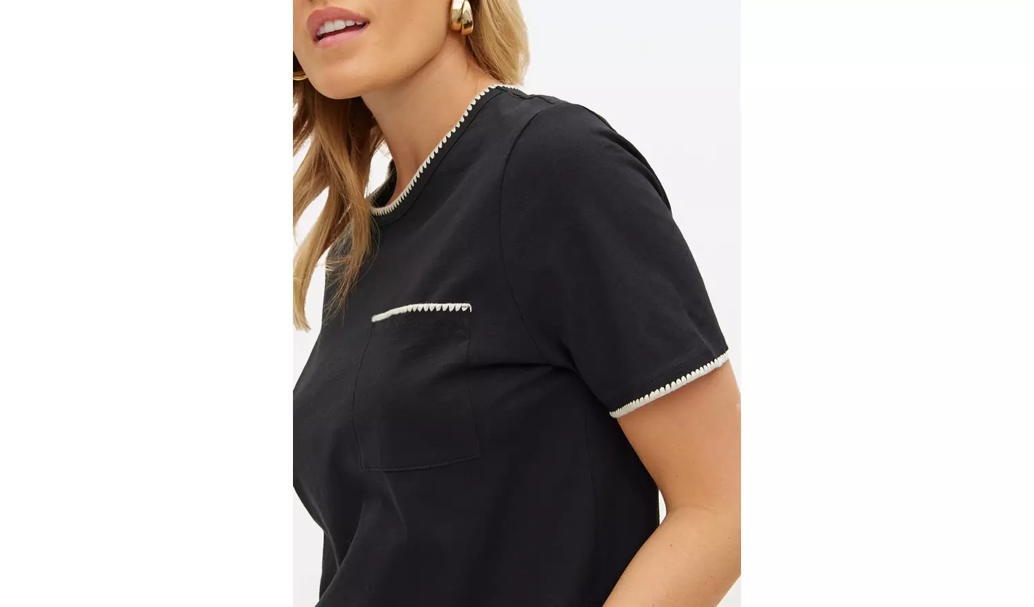 Black Mono Contrast Blanket Stitch T-Shirt 16