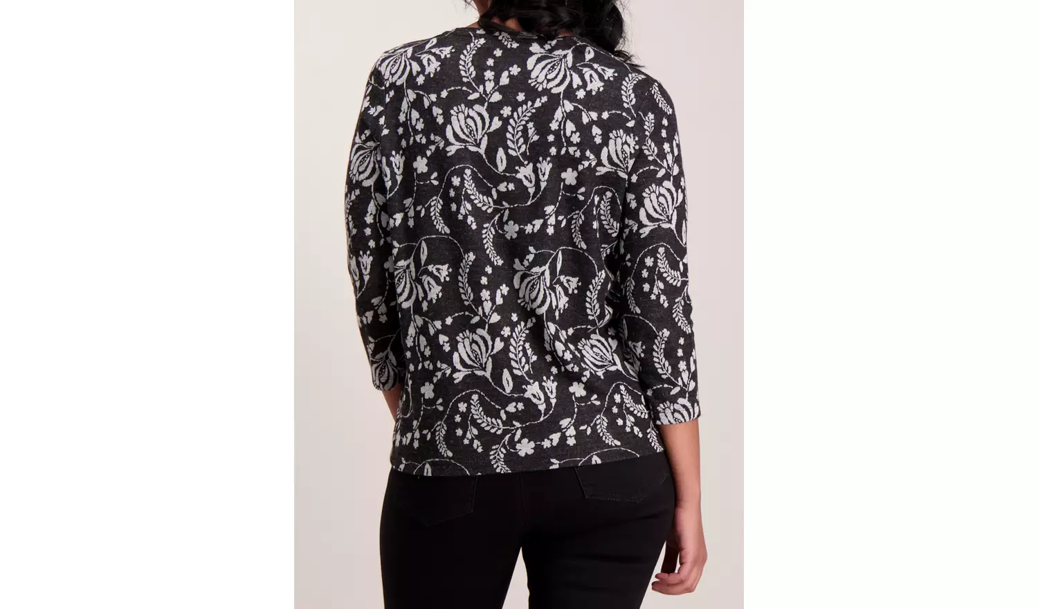Dark Grey Floral Print Brushed Knit Look Top - 26