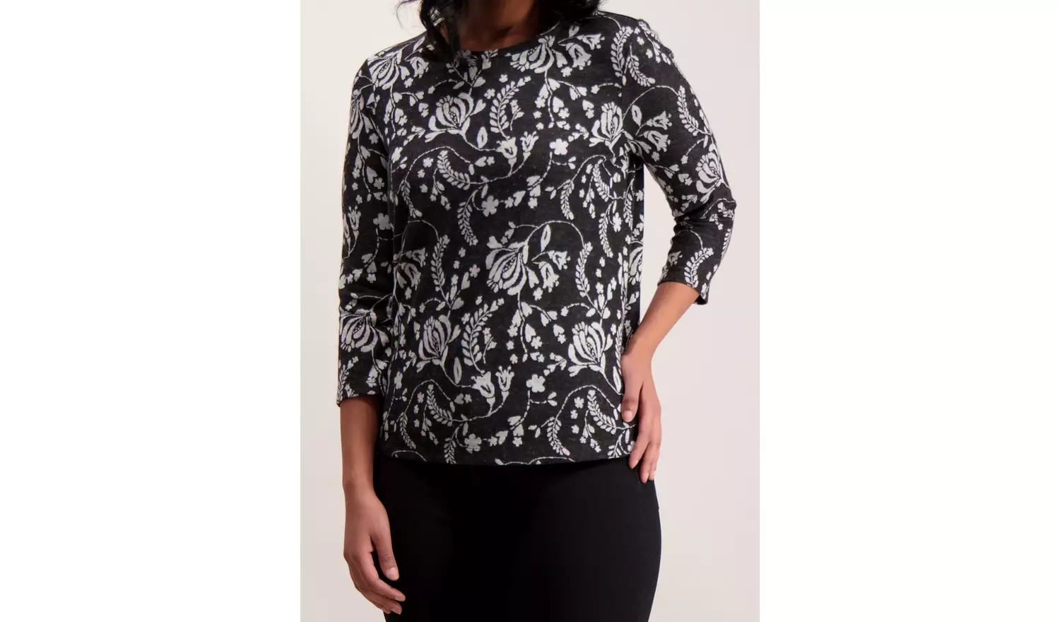 Dark Grey Floral Print Brushed Knit Look Top - 26