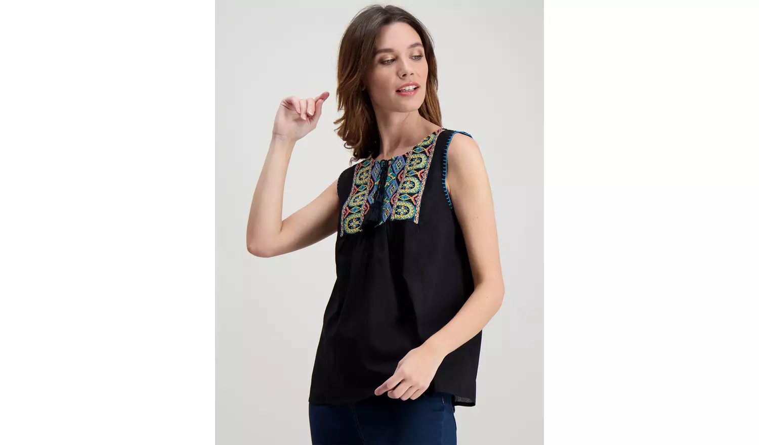 Black Embroidered Tassel Shell Top - 28