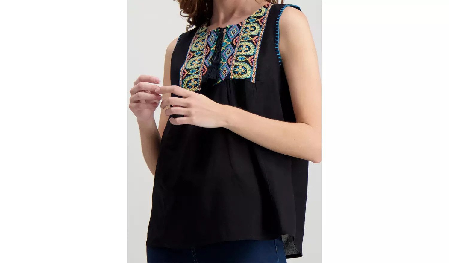 Black Embroidered Tassel Shell Top - 28