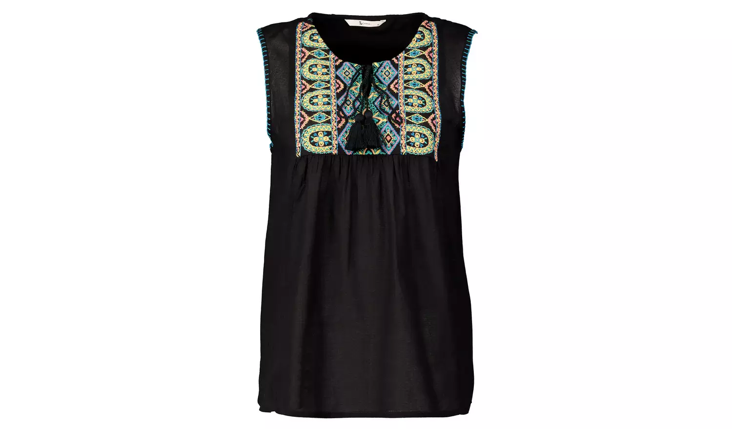 Black Embroidered Tassel Shell Top - 28