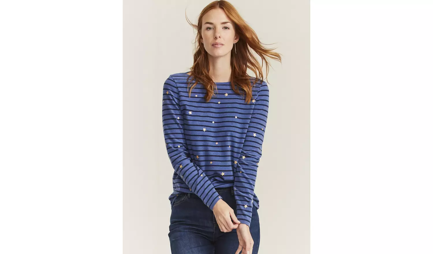 FATFACE Blue Organic Cotton Stars Breton Stripe Top - 14