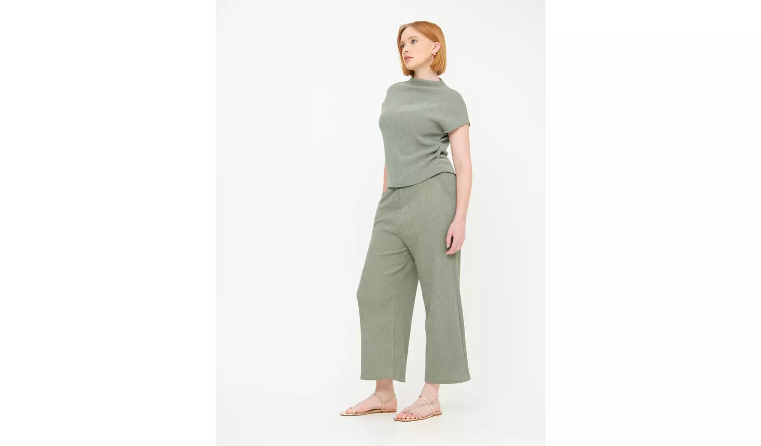 Khaki Textured High Neck Draped Top24