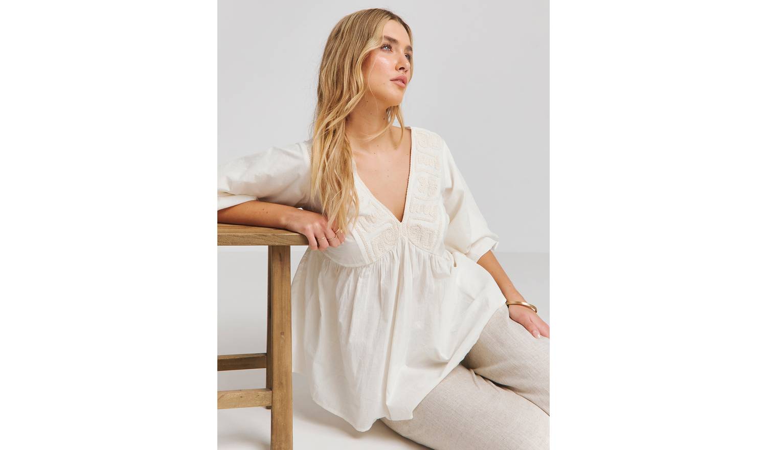 SIMPLY BE Embroidered Puff Sleeve V Neck Smock Top 32