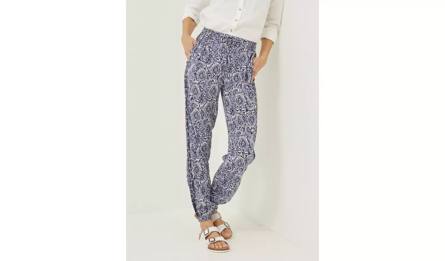 FATFACE Navy Lyme Watercolour Batik Trousers - 10