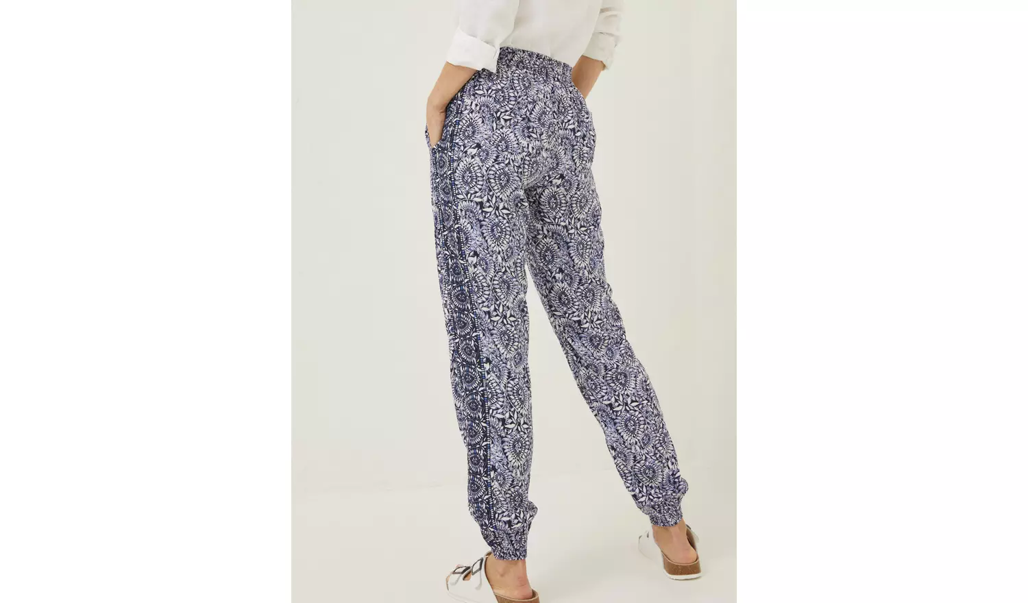 FATFACE Navy Lyme Watercolour Batik Trousers - 10