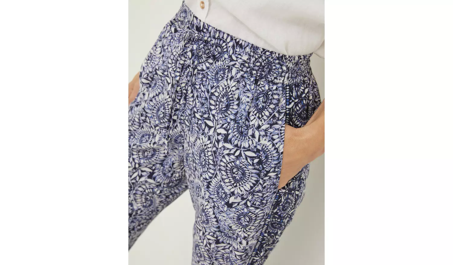 FATFACE Navy Lyme Watercolour Batik Trousers - 14