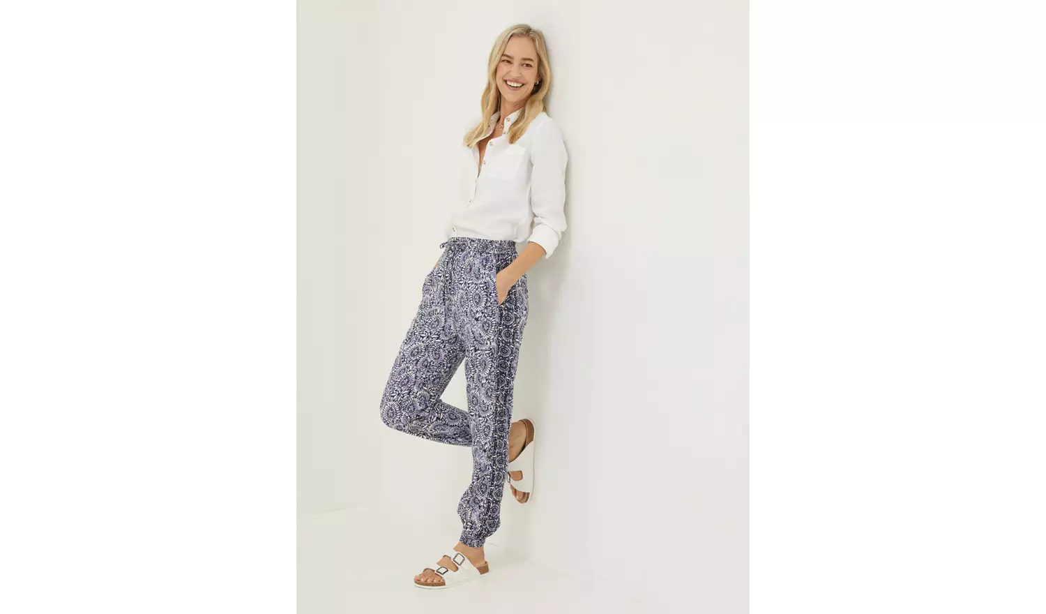 FATFACE Navy Lyme Watercolour Batik Trousers - 20