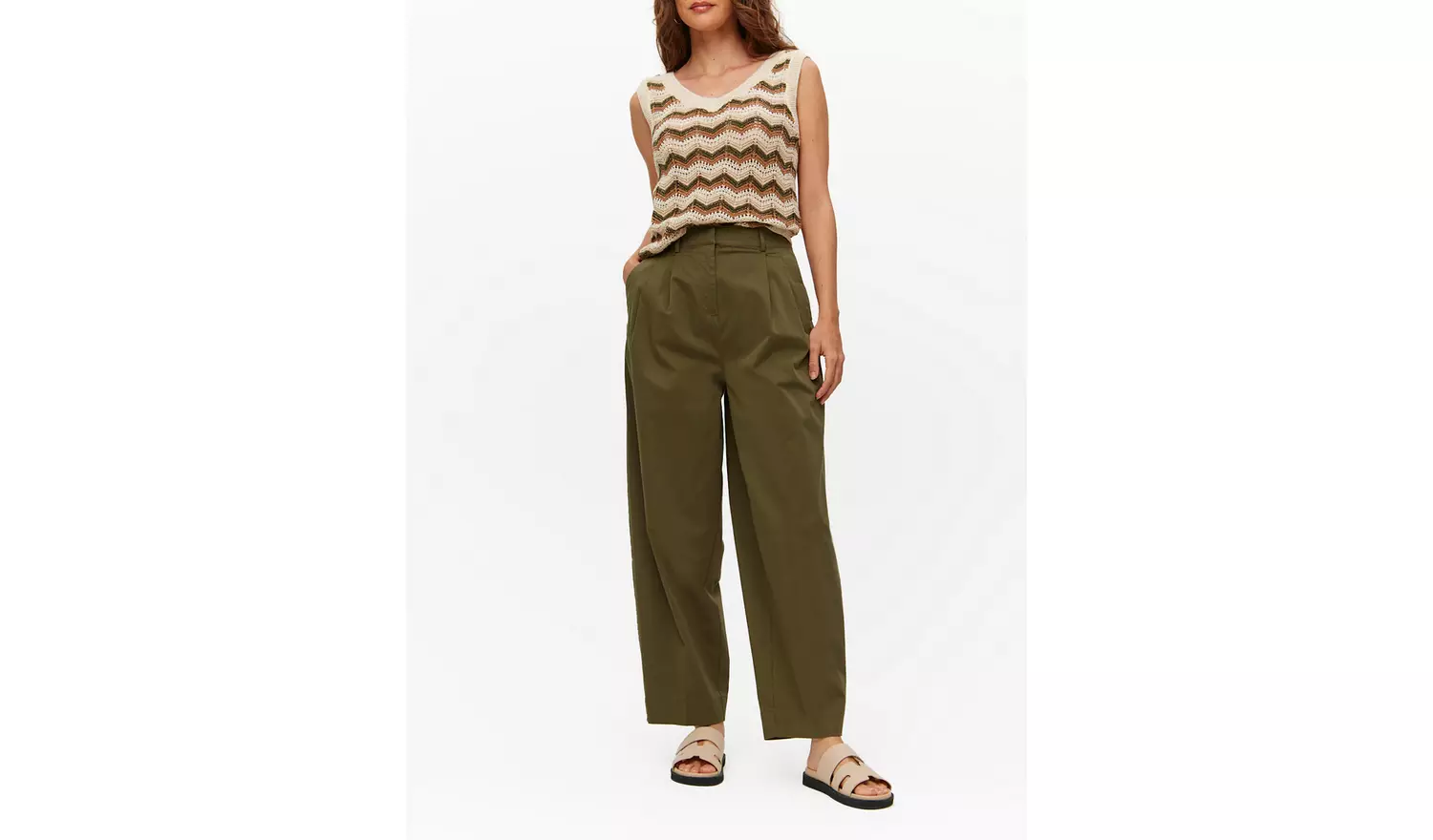 Khaki Barrel Leg Chino Trousers 14S