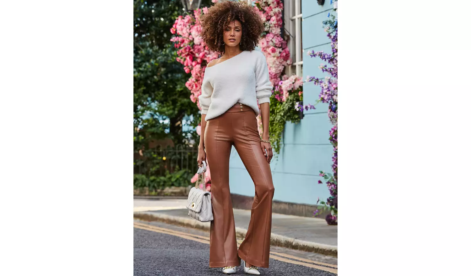SOSANDAR Tan Button Detail Flared Faux Leather Trousers 8