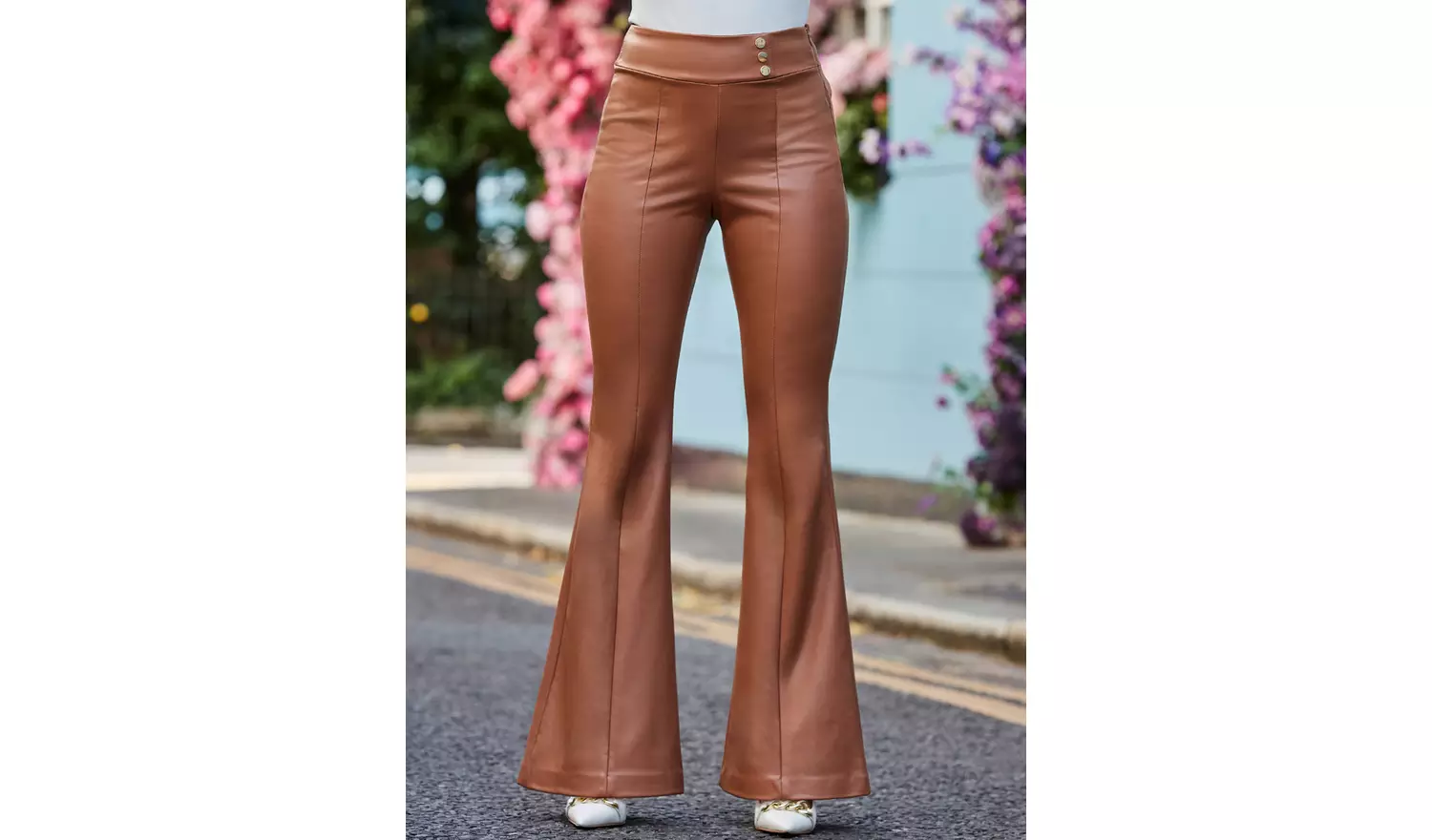 SOSANDAR Tan Button Detail Flared Faux Leather Trousers 12