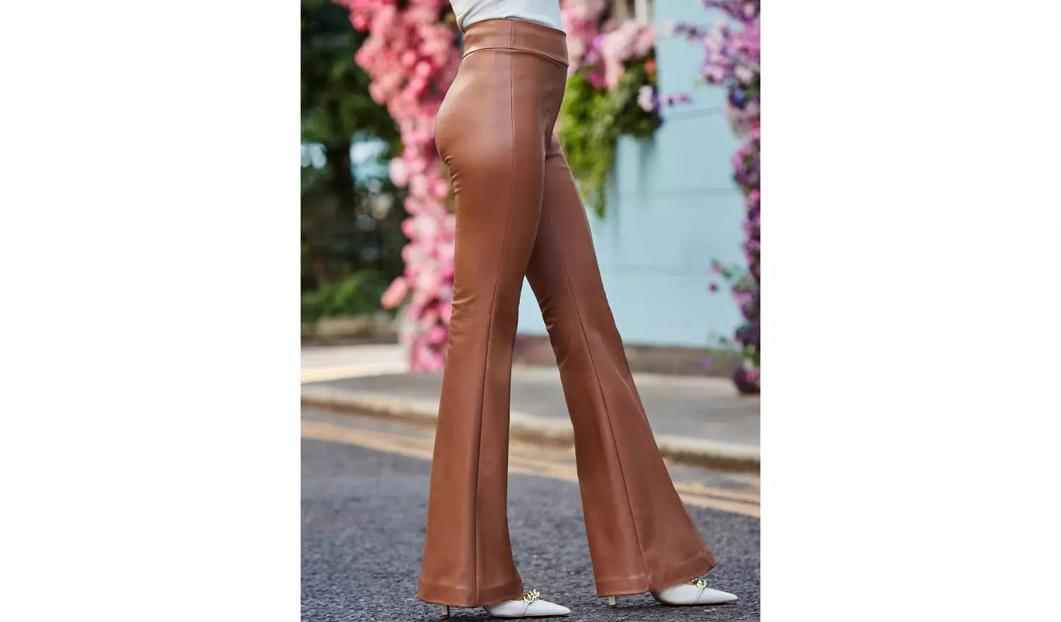SOSANDAR Tan Button Detail Flared Faux Leather Trousers 16