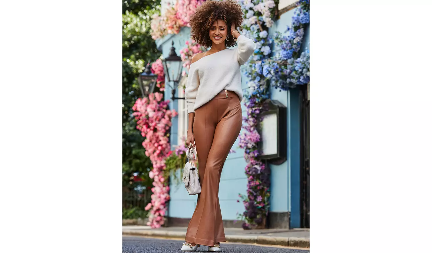 SOSANDAR Tan Button Detail Flared Faux Leather Trousers 12