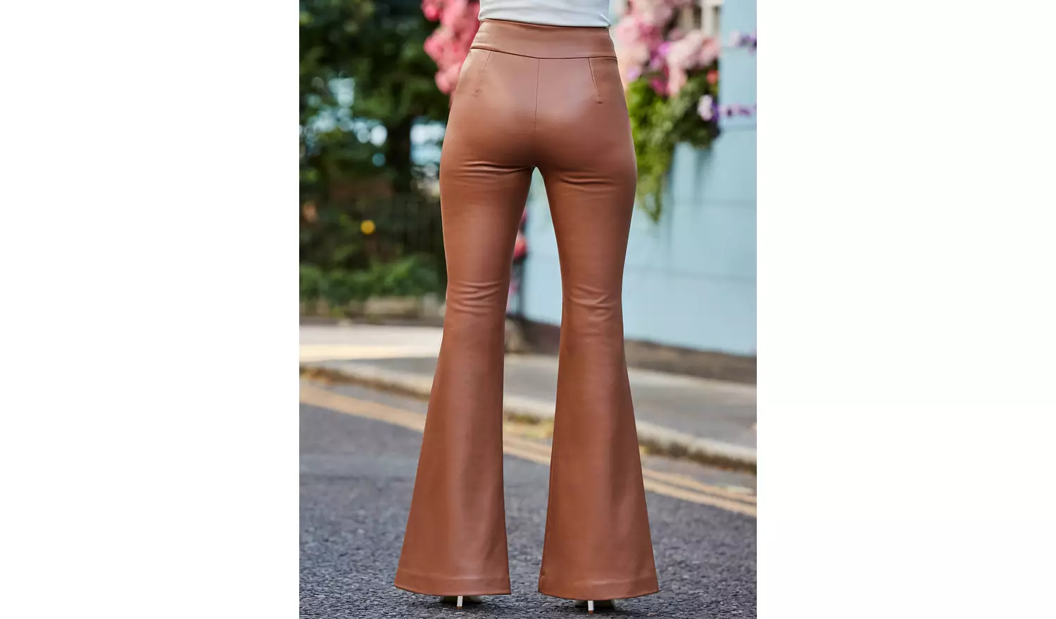 SOSANDAR Tan Button Detail Flared Faux Leather Trousers 8