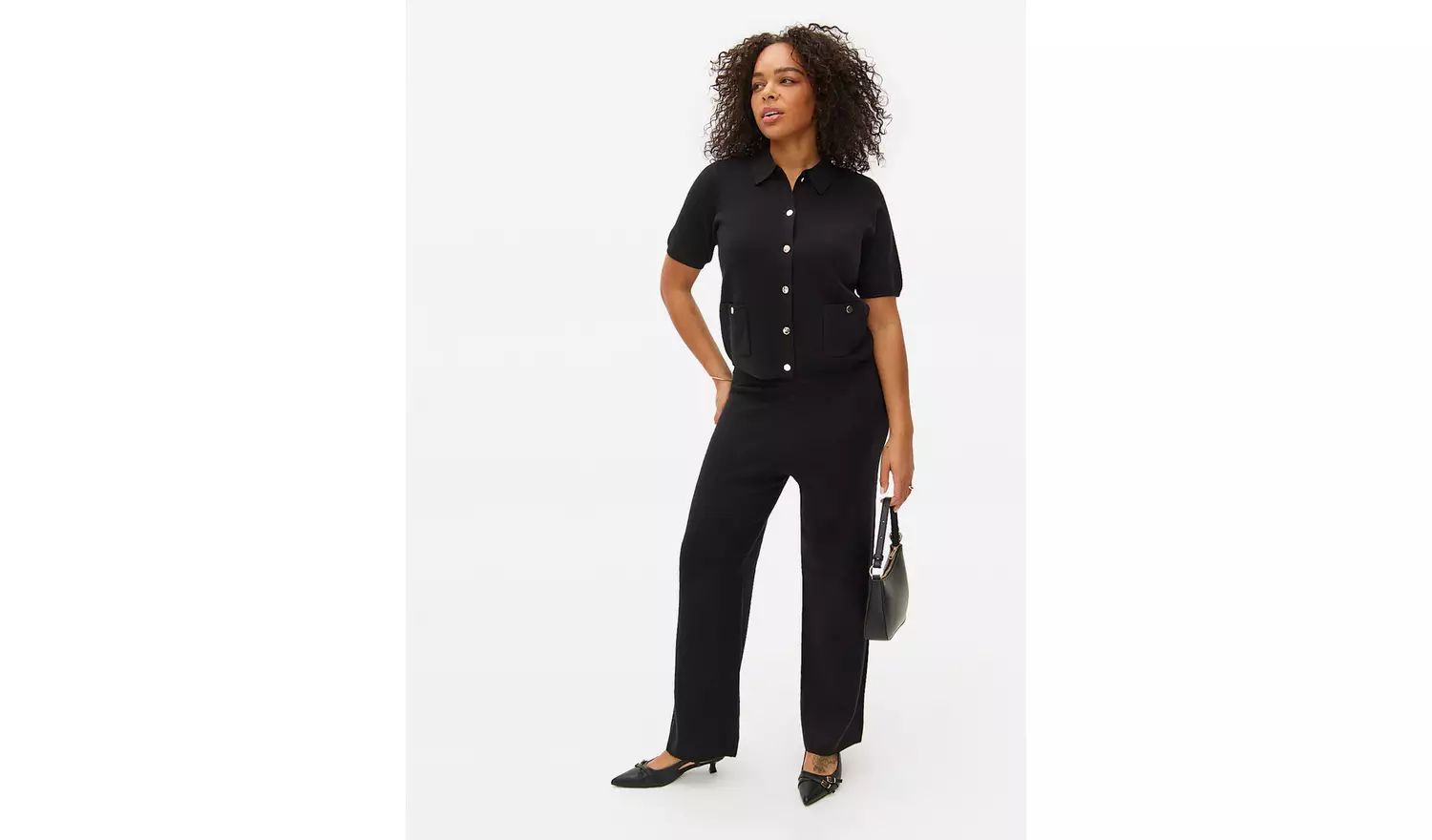 Black Compact Knitted Wide Leg Co-ord Trousers S