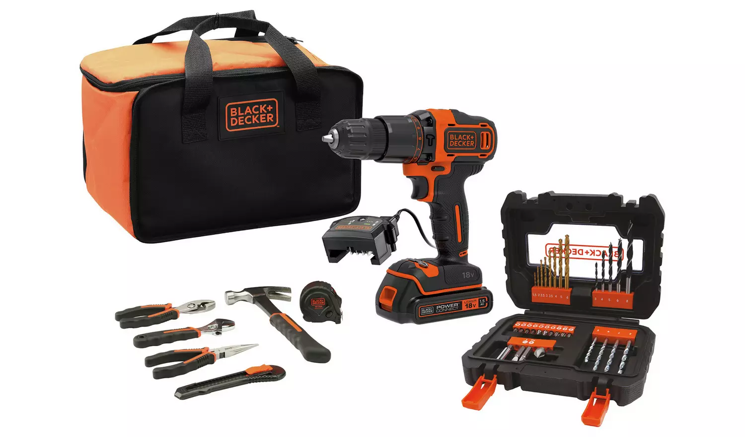 Black + Decker 18V Cordless Hammer Drill Tool and Bit Set