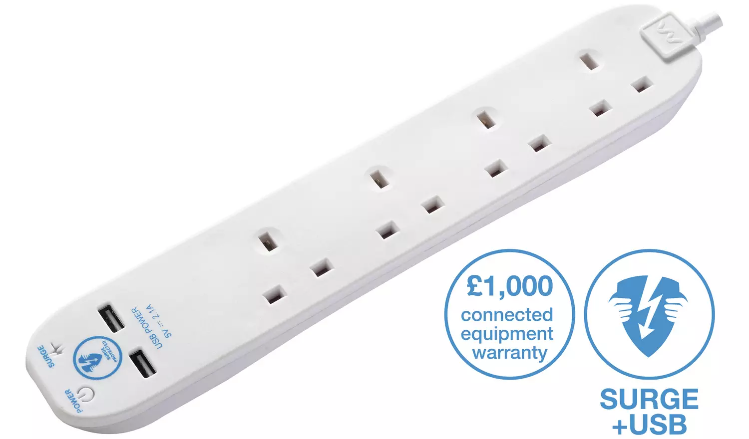 Masterplug 4 Socket 2m 2 USB Surge Protected Extension Lead