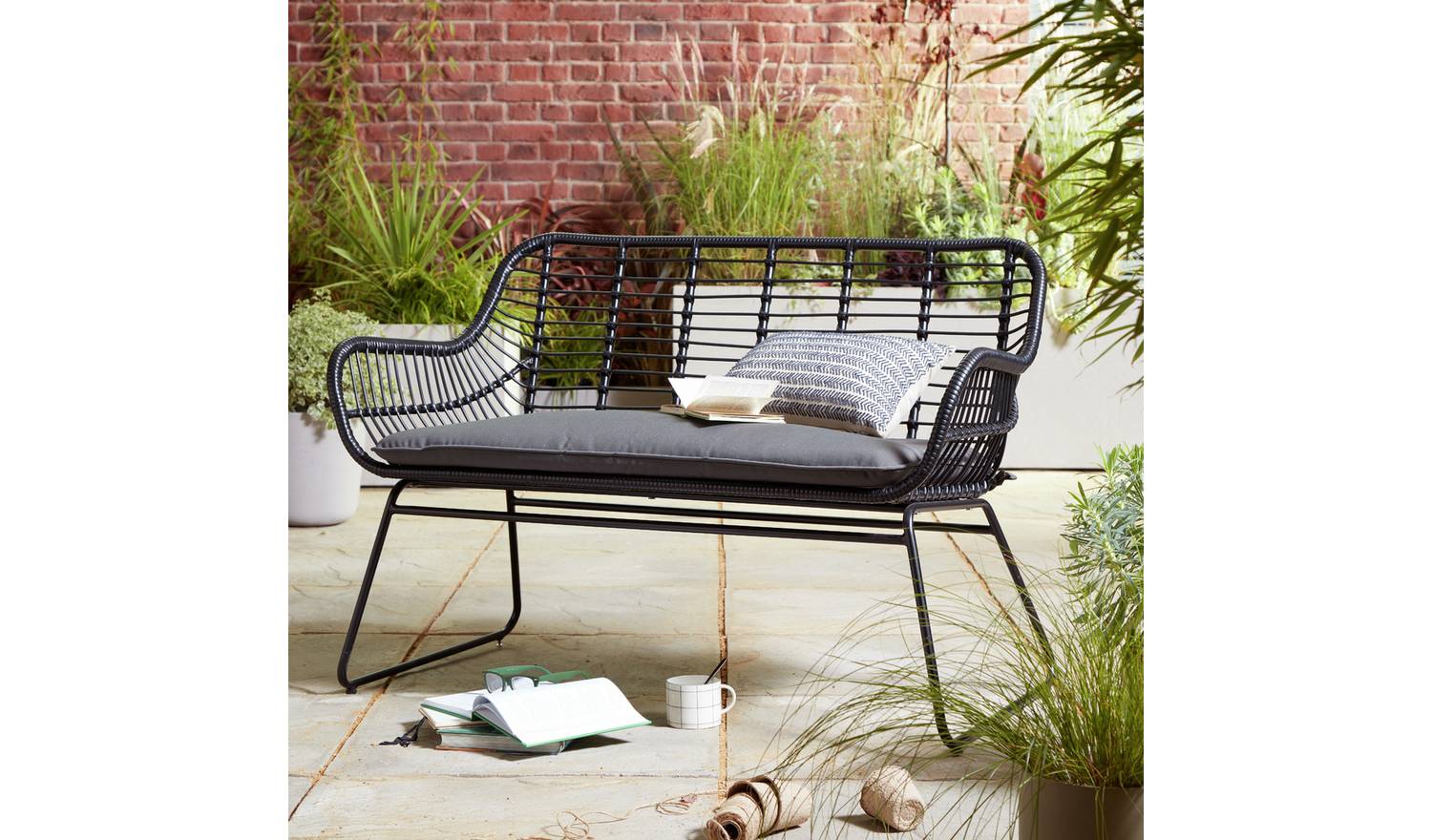 Habitat Ross Rattan Effect Garden Bench - Black