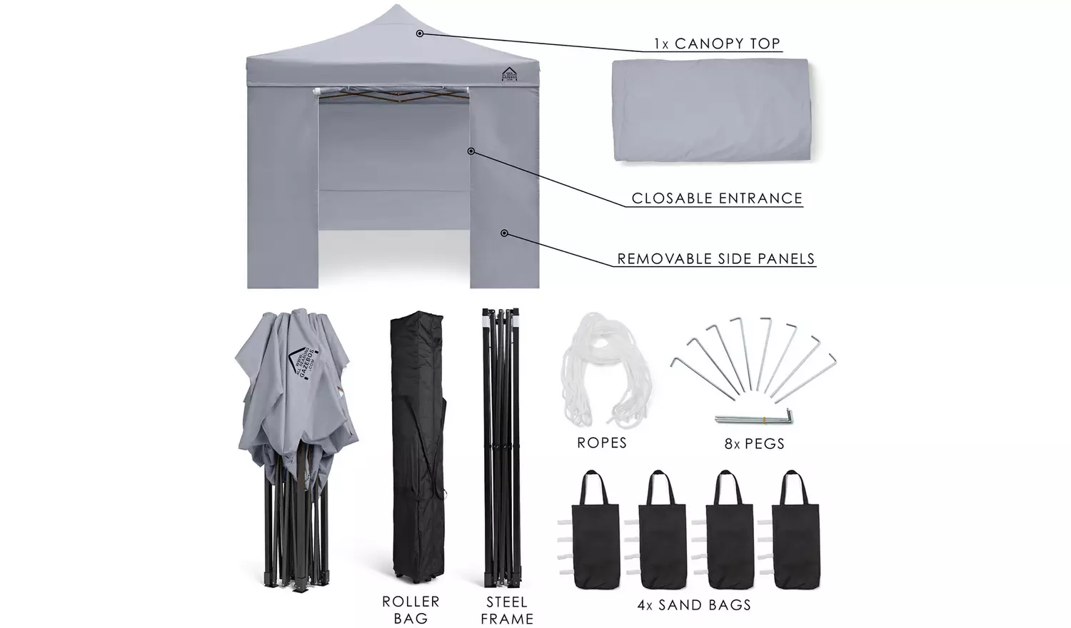 All Seasons 3m x 3m Pop Up Garden Gazebo & Side Panels- Grey