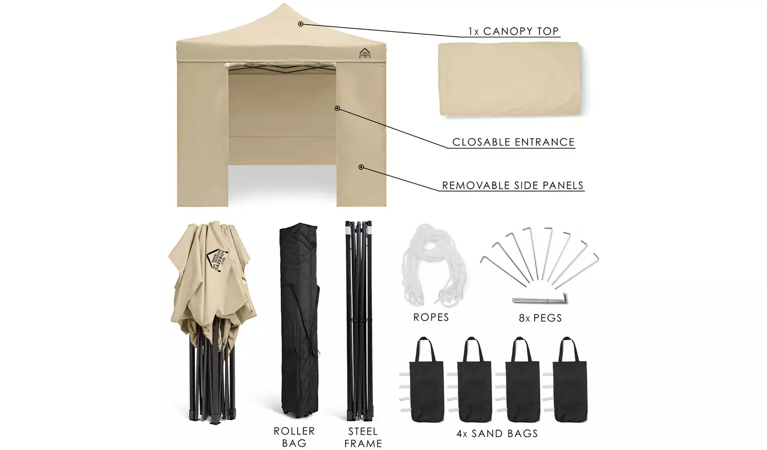 All Seasons 3m x 3m Pop Up Garden Gazebo & Side Panels-Beige