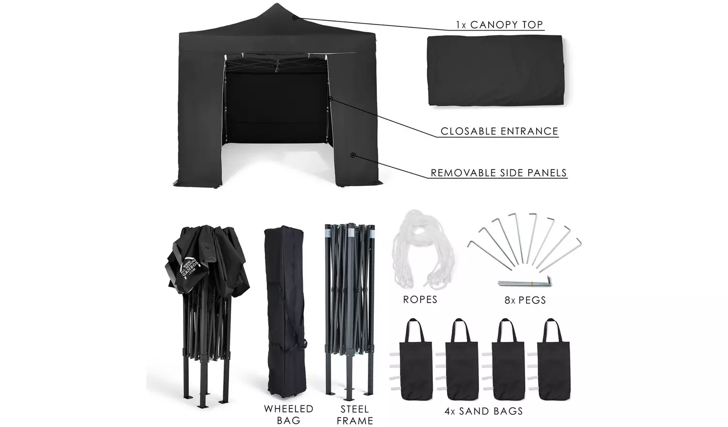All Seasons 3mx4.5m Pop Up Garden Gazebo & Side Panels-Black