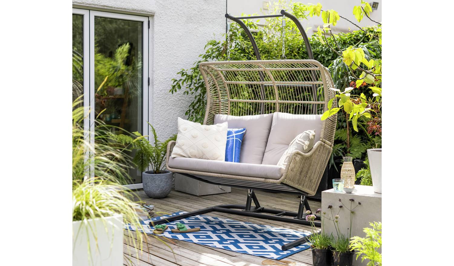 Habitat Malta Double Steel Garden Hanging Chair - Beige