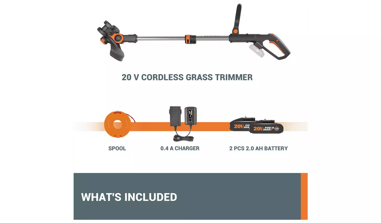 Worx 30cm Cordless Grass Trimmer with 2 Batteries - 20V