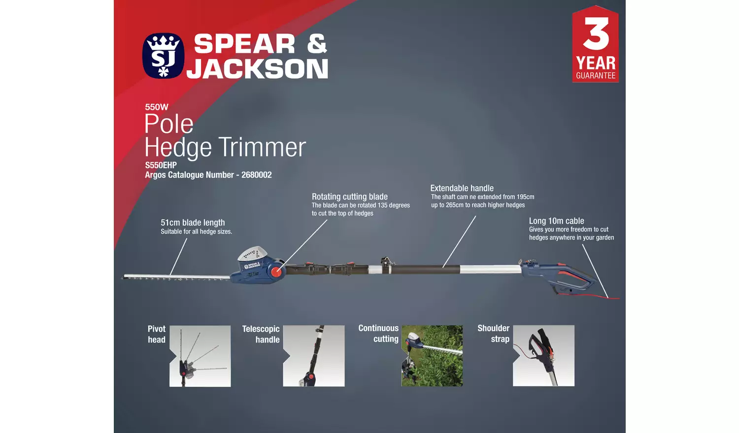 Spear & Jackson 45cm Corded Pole Hedge Trimmer - 550W