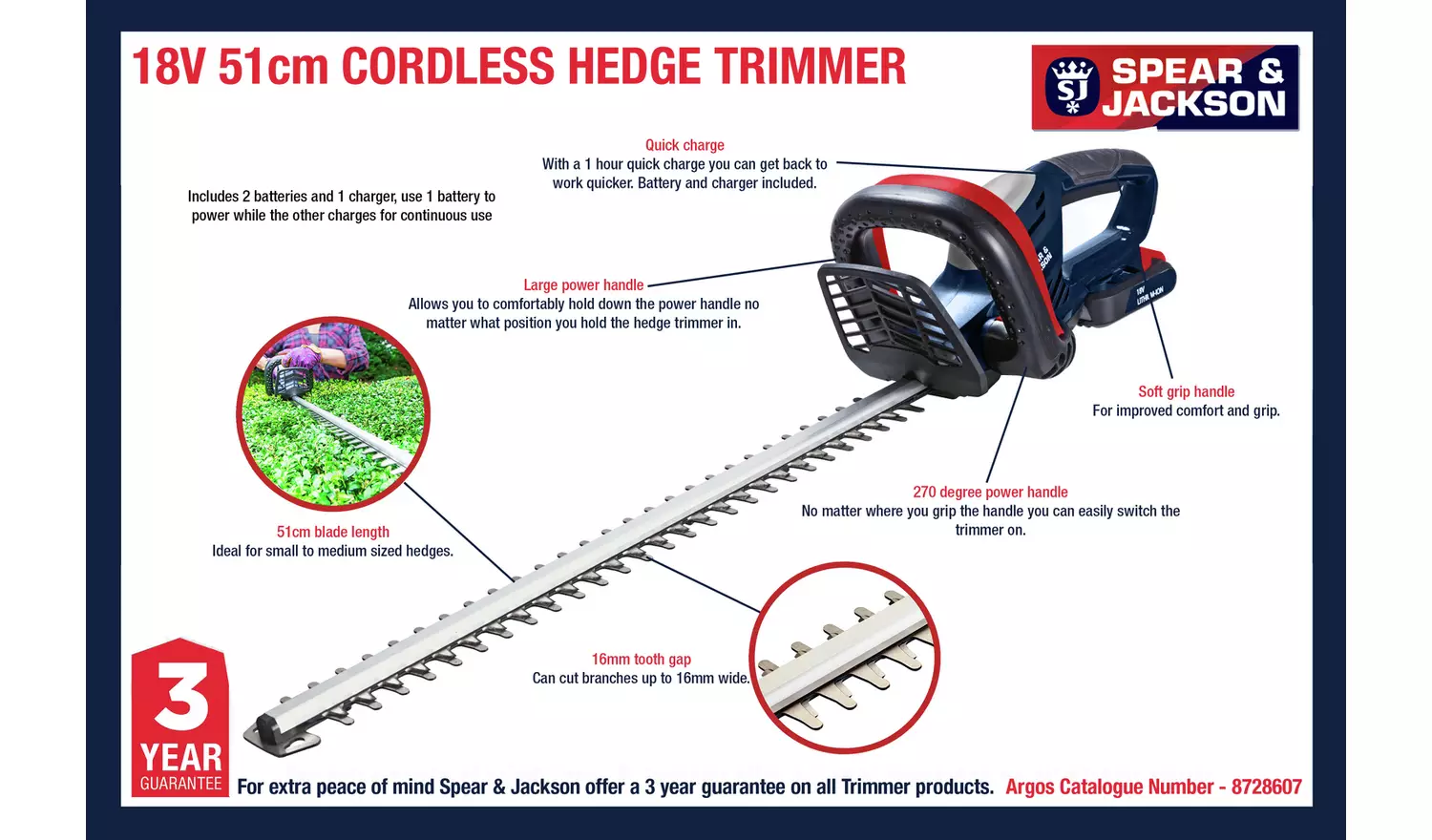 Spear & Jackson 51cm Cordless Hedge Trimmer with Battery 18V