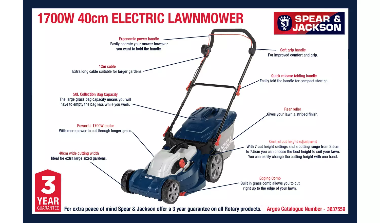 Spear & Jackson 40cm Corded Rotary Lawnmower - 1700W