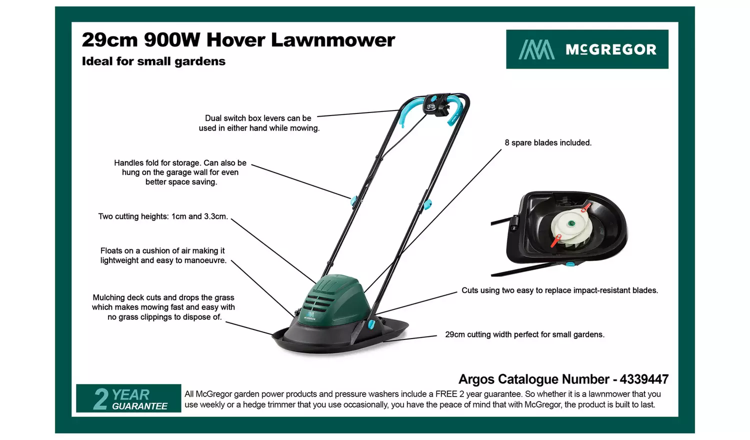 McGregor 29cm Hover Mulching Lawnmower - 900W