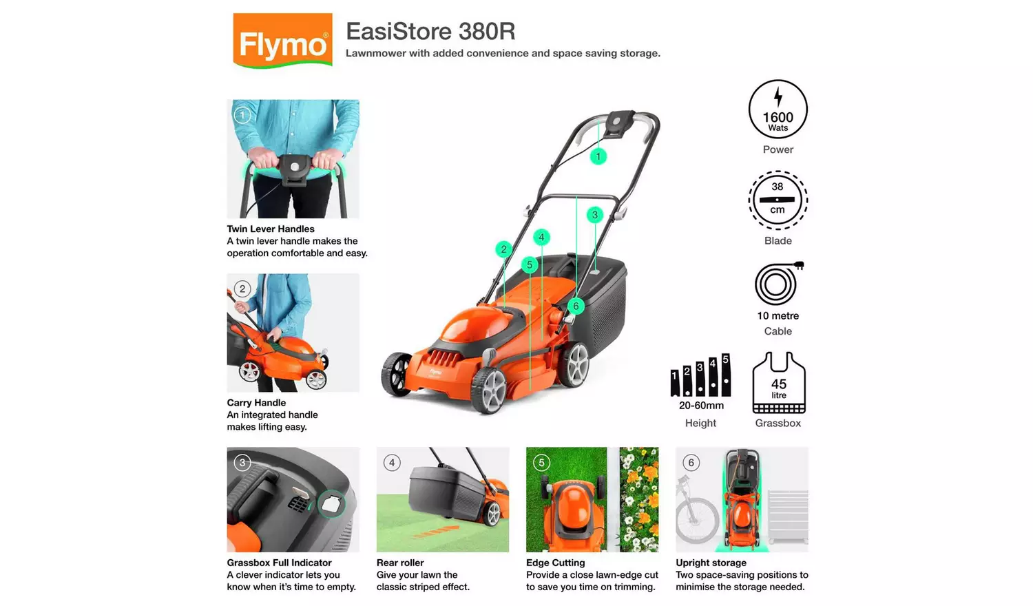 Flymo EasiStore 380R Corded Rotary Lawnmower - 1600 W