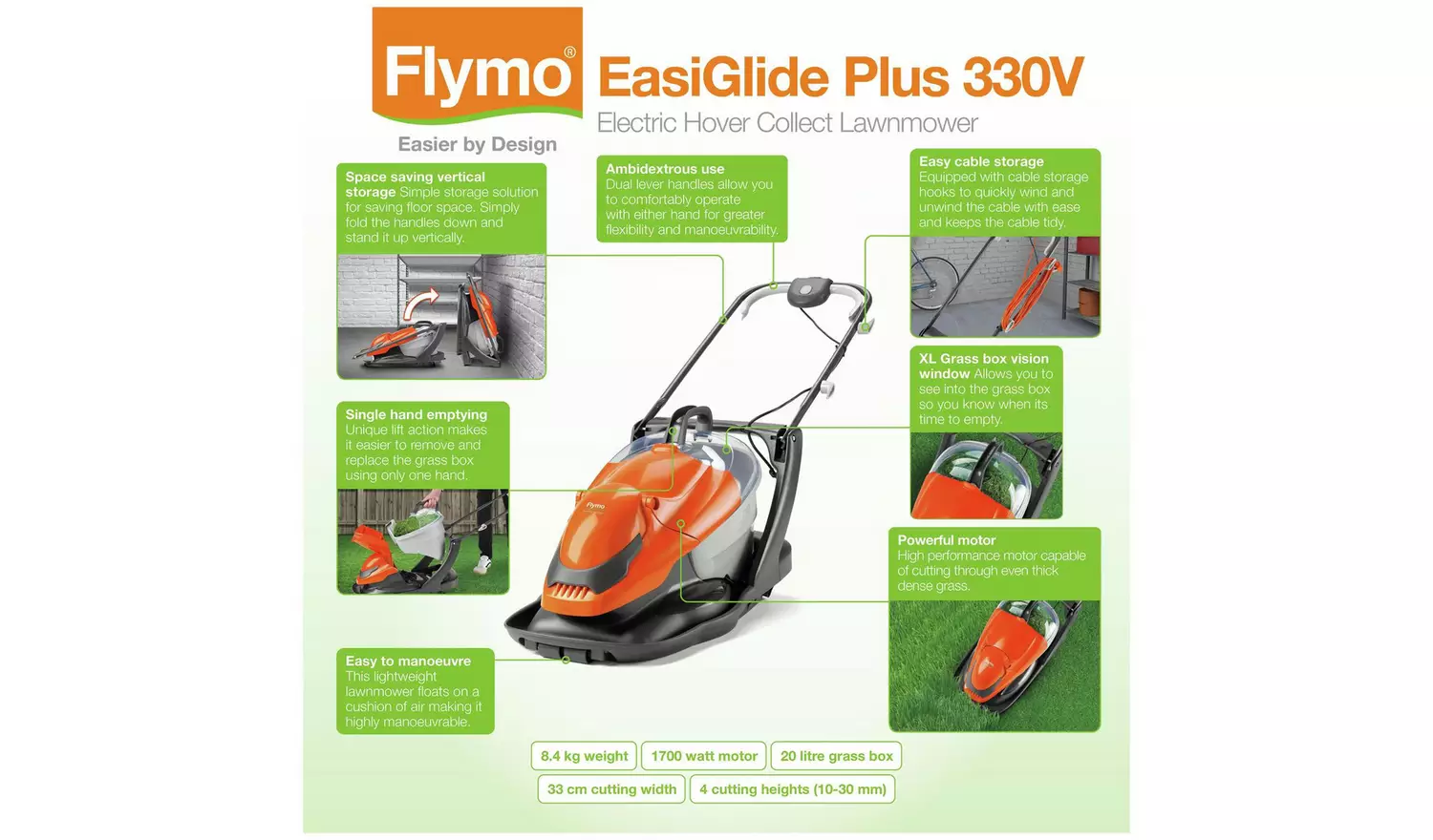 Flymo EasiGlide Plus 330V 33cm Corded Hover Lawnmower- 1700W