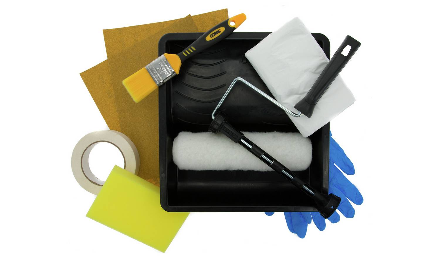 Coral Paint Roller, Brush, and Preparation Set.