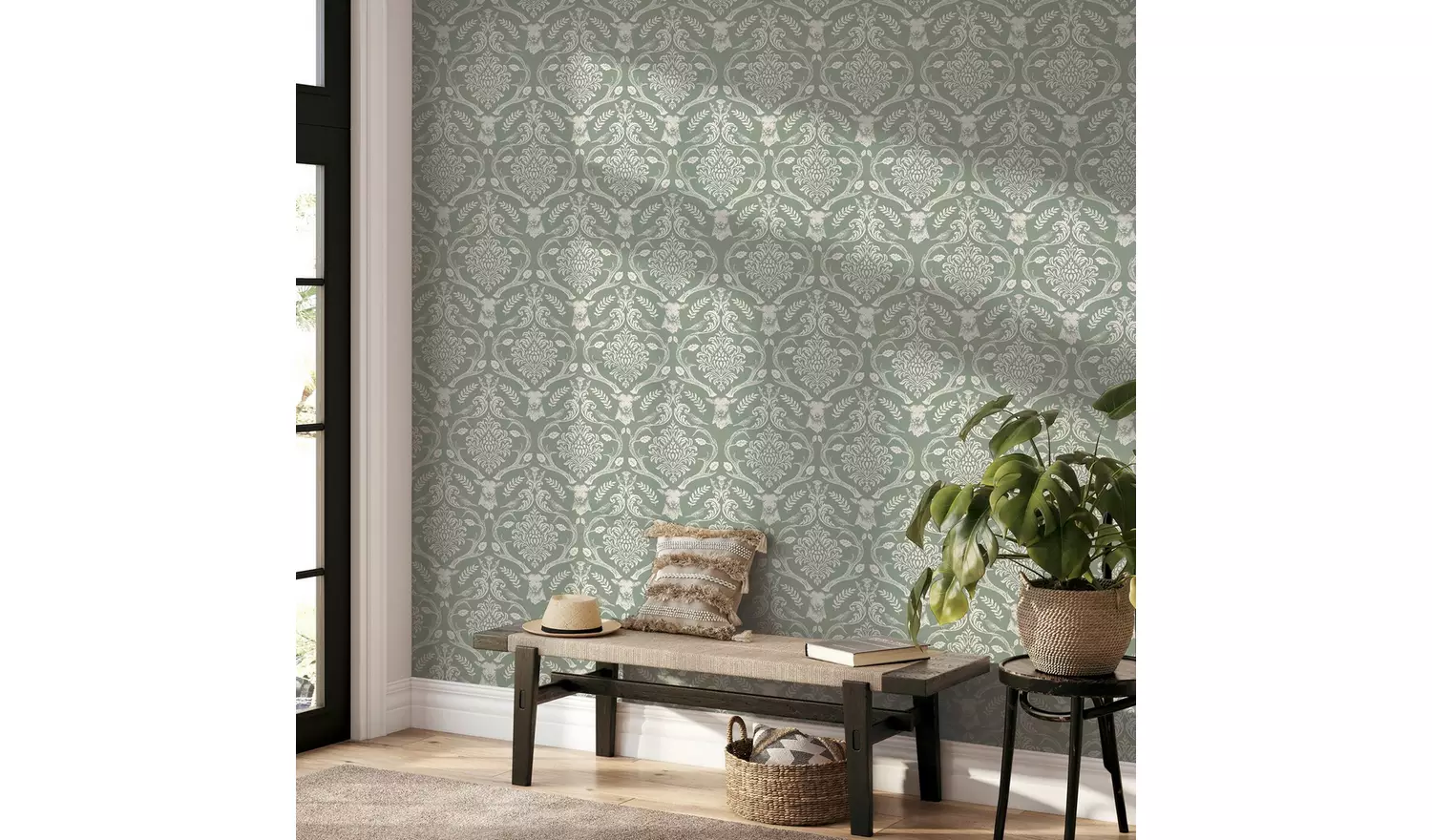 Arthouse Stag Damask Sage Green Wallpaper