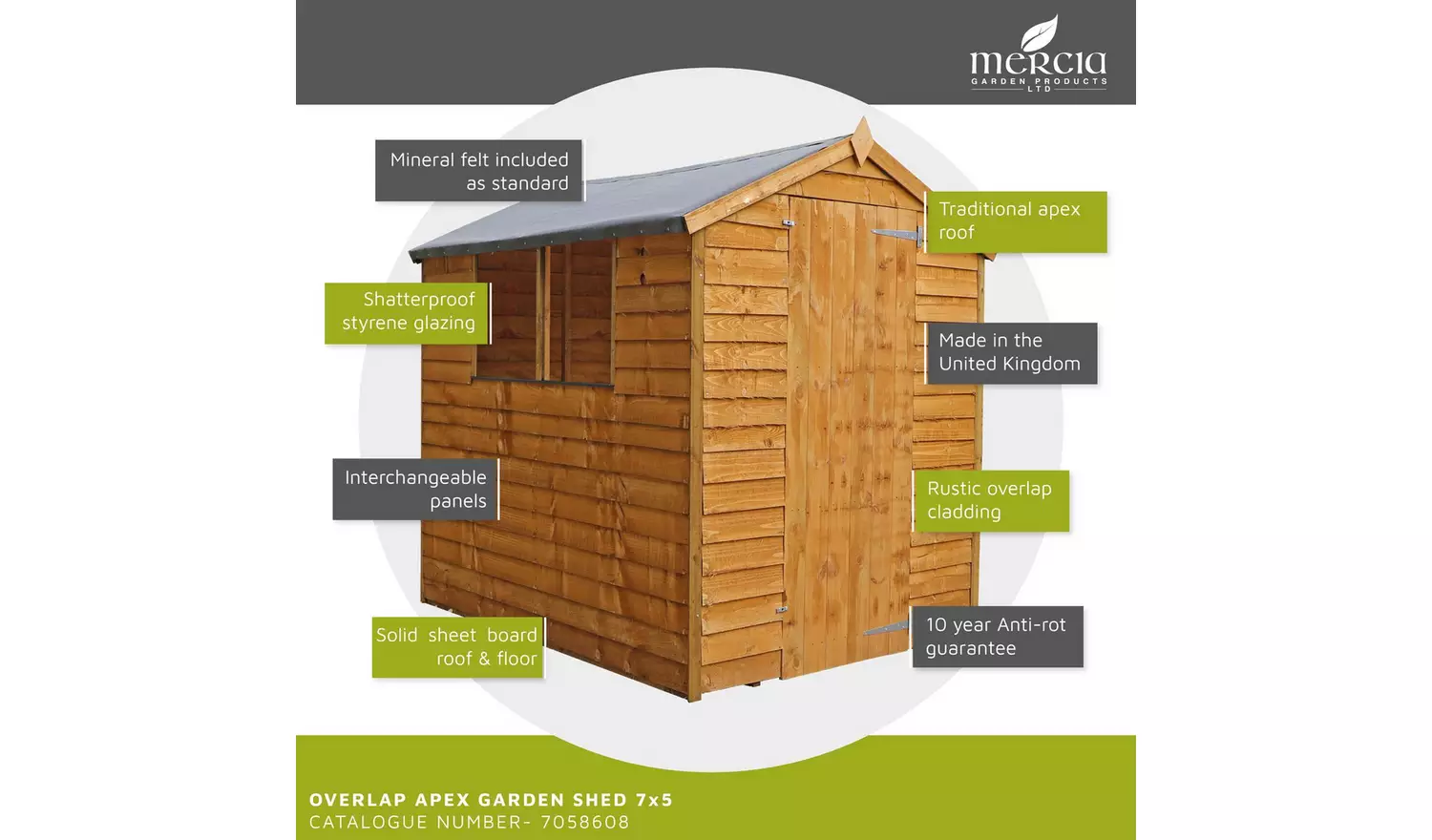 Mercia Wooden Overlap Apex Garden Shed - 7 x 5ft