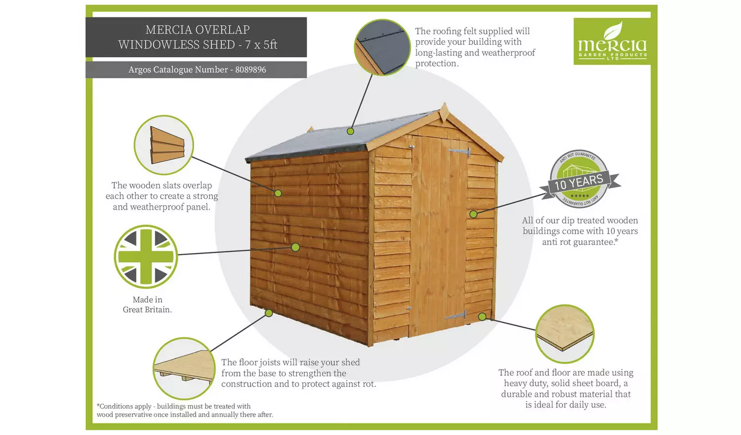 Mercia Wooden Overlap Windowless Shed 7 x 5ft