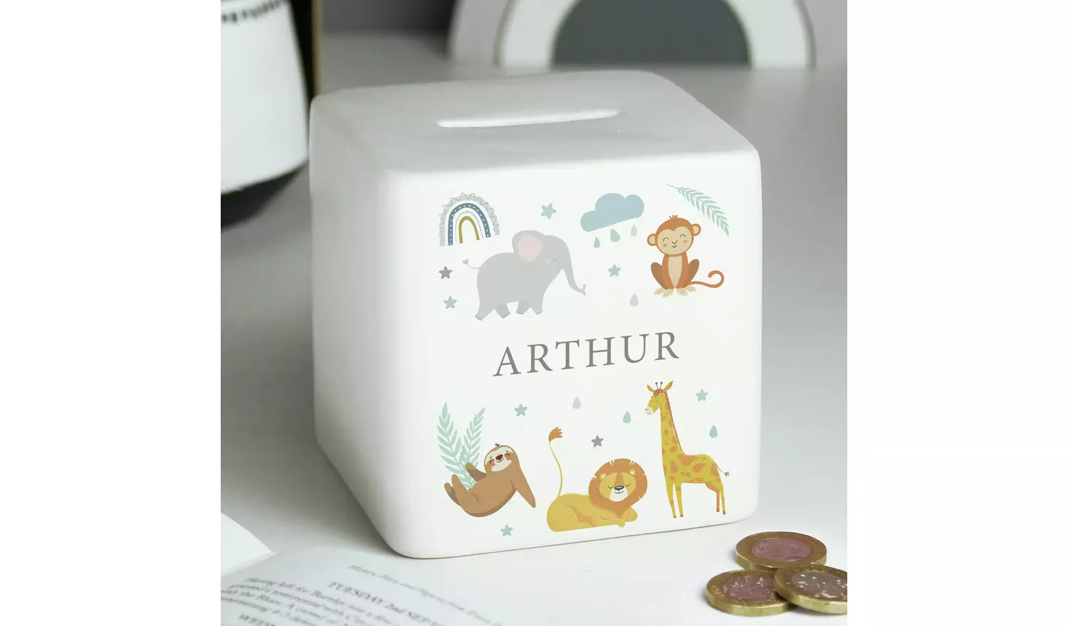 Personalised Message Safari Animals Ceramic Money Box