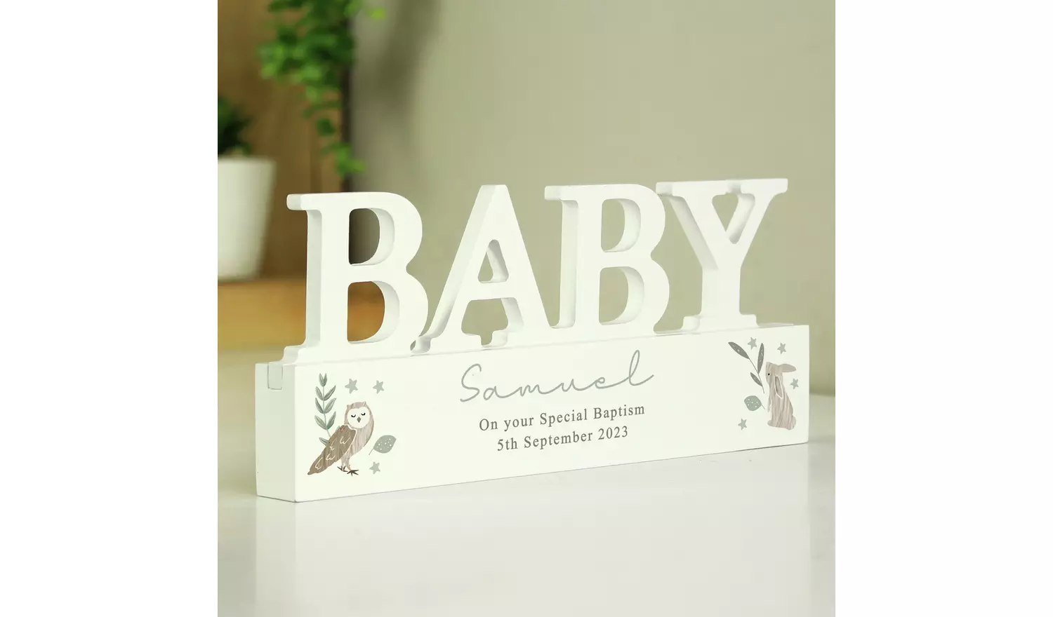 Personalised Message Woodland Wooden Baby Ornament - White.