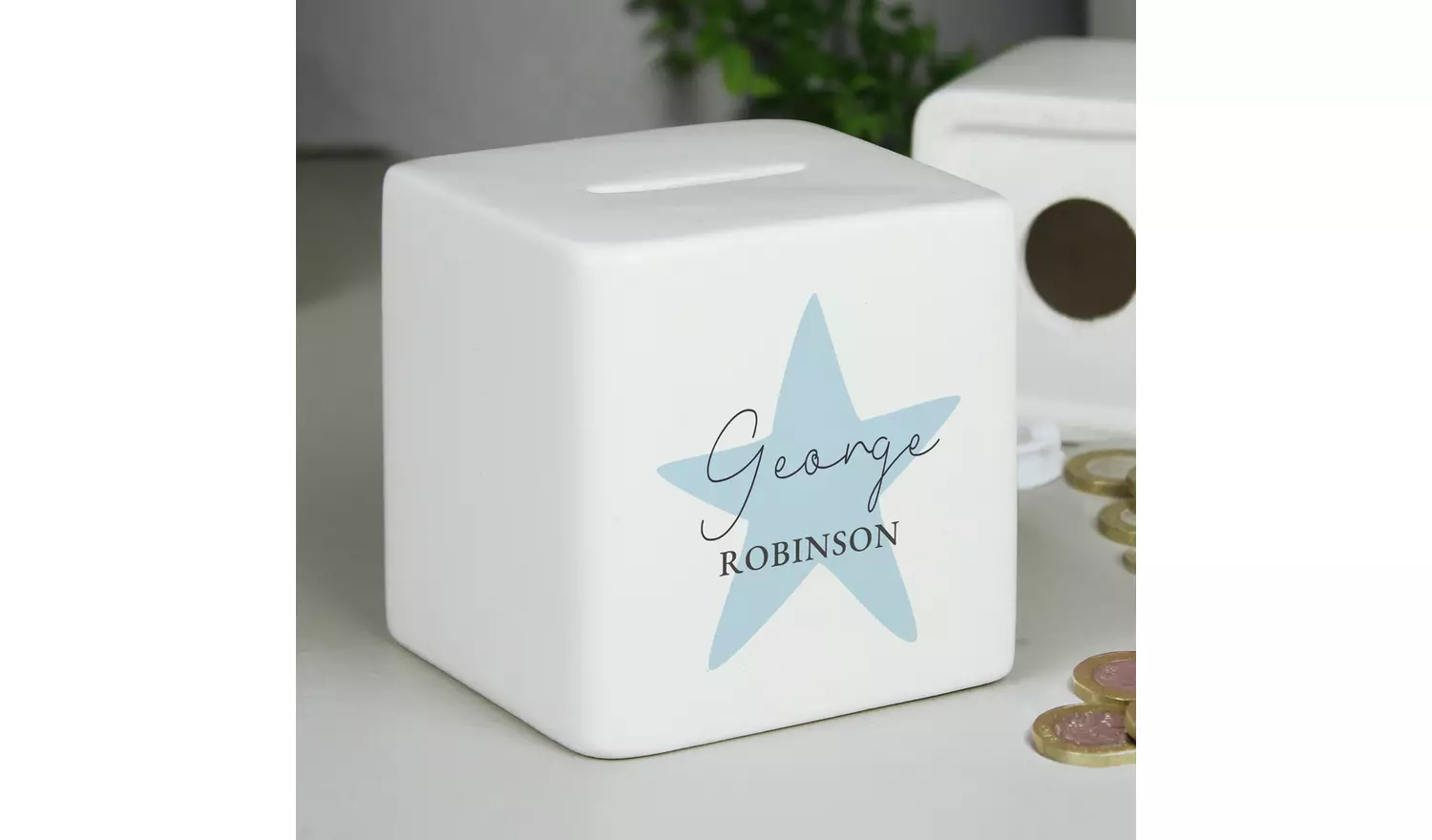 Personalised Message Blue Star Ceramic Money Box