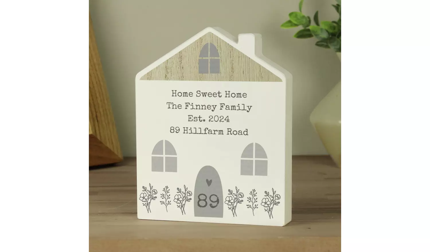 Personalised Message Grey Wooden House Ornament