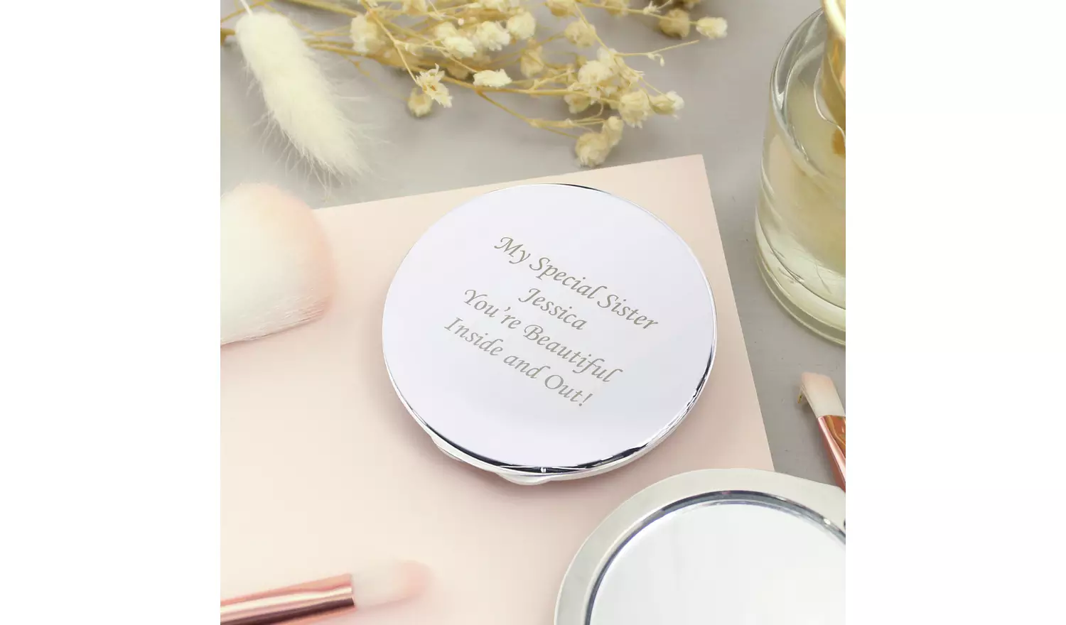 Personalised Message Silver Round Compact Mirror