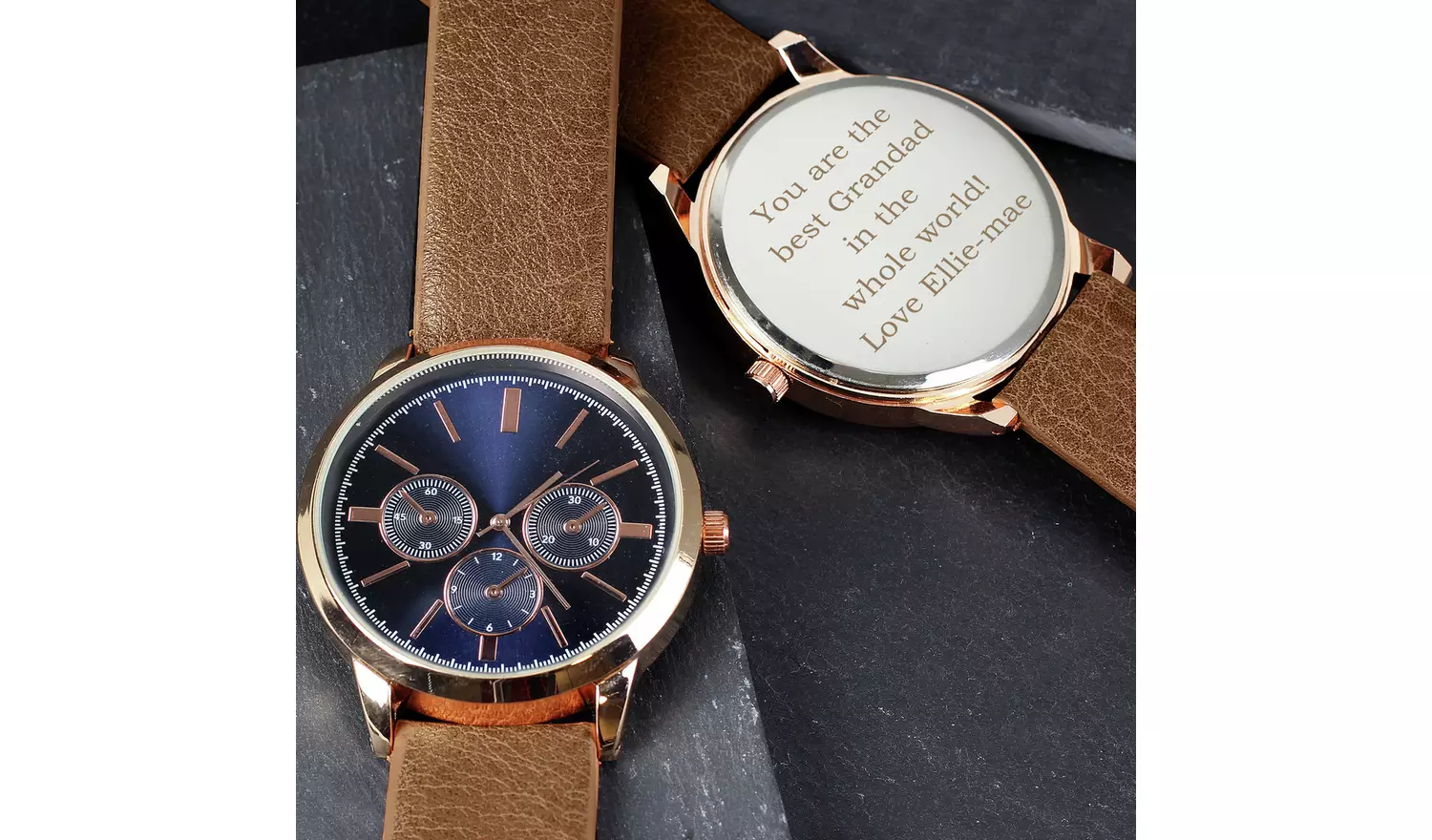 Personalised Message Men's Brown Strap Rose Gold Watch