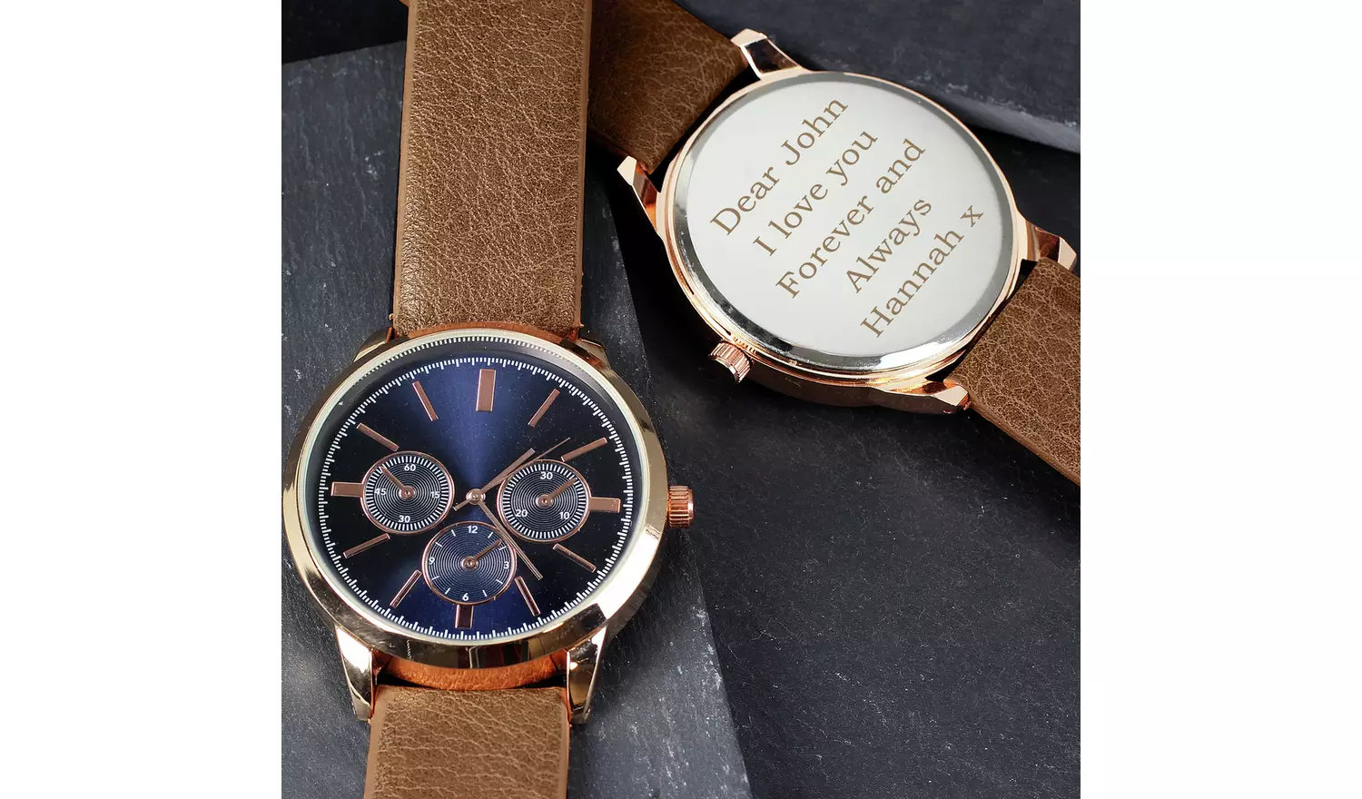 Personalised Message Men's Brown Strap Rose Gold Watch